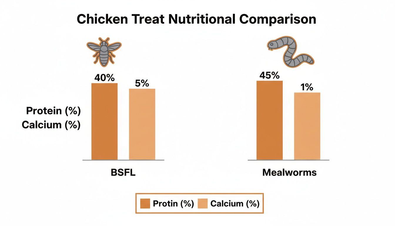 Bar chart comparing protein and calcium percentages for BSFL and Mealworms as chicken treats.