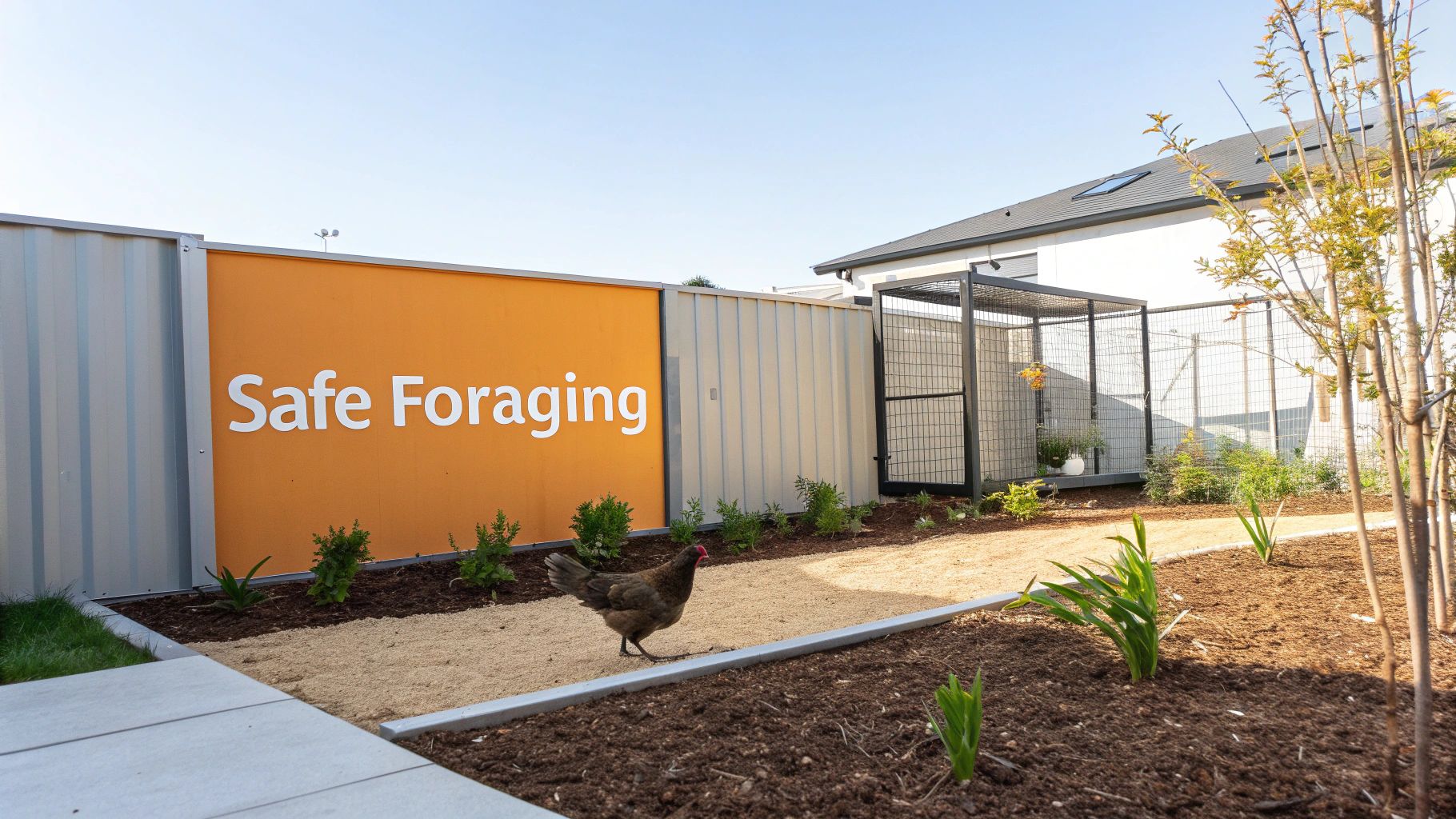 Outdoor chicken foraging area with safe enclosure, garden beds, and trees for natural feeding