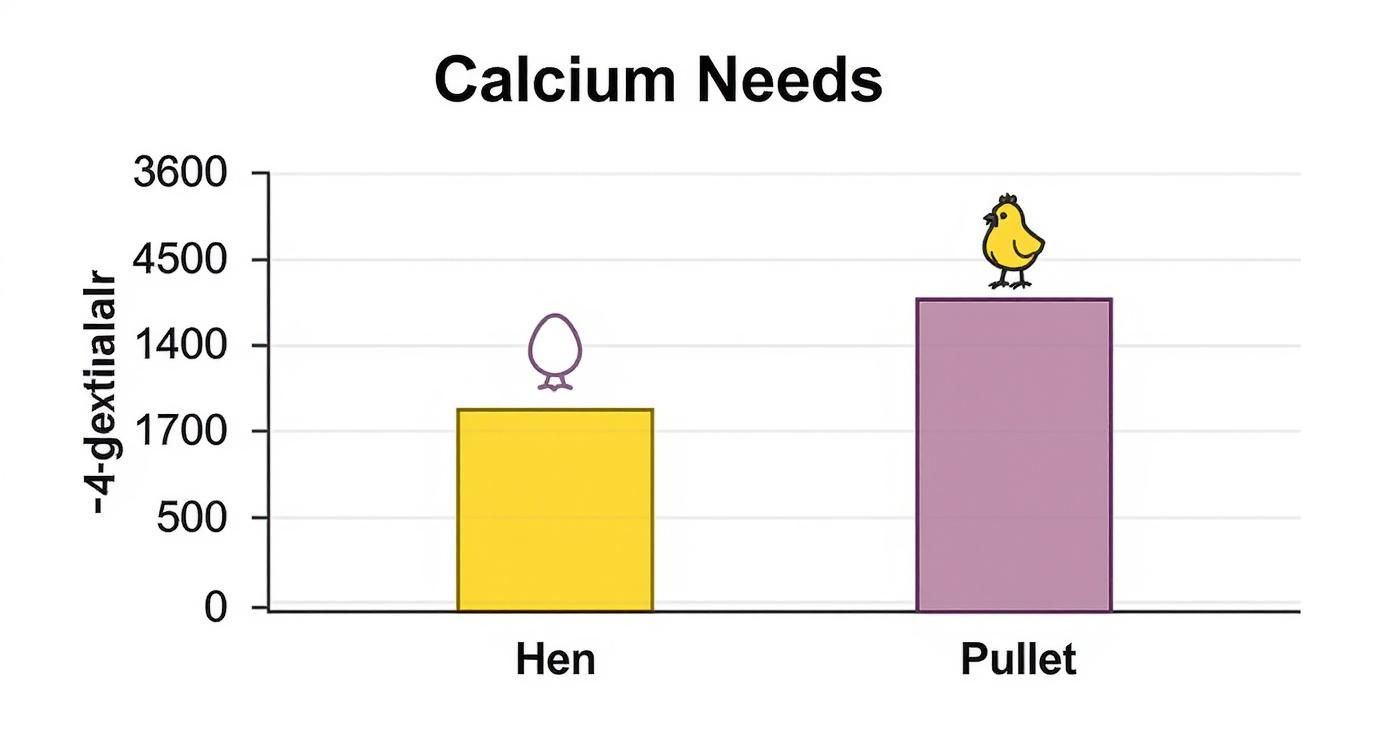 Bar chart displaying calcium needs for hens (around 1700 units) and pullets (around 4500 units).