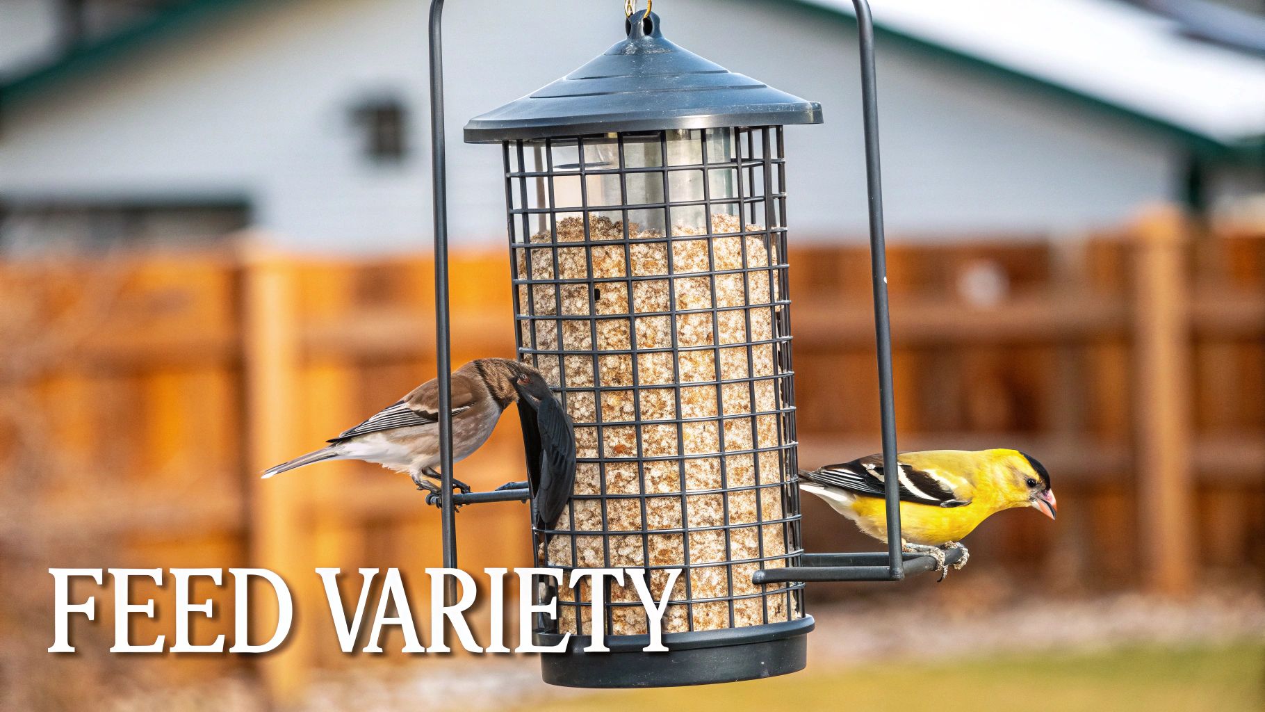 A small bird eating from a bird feeder filled with seeds
