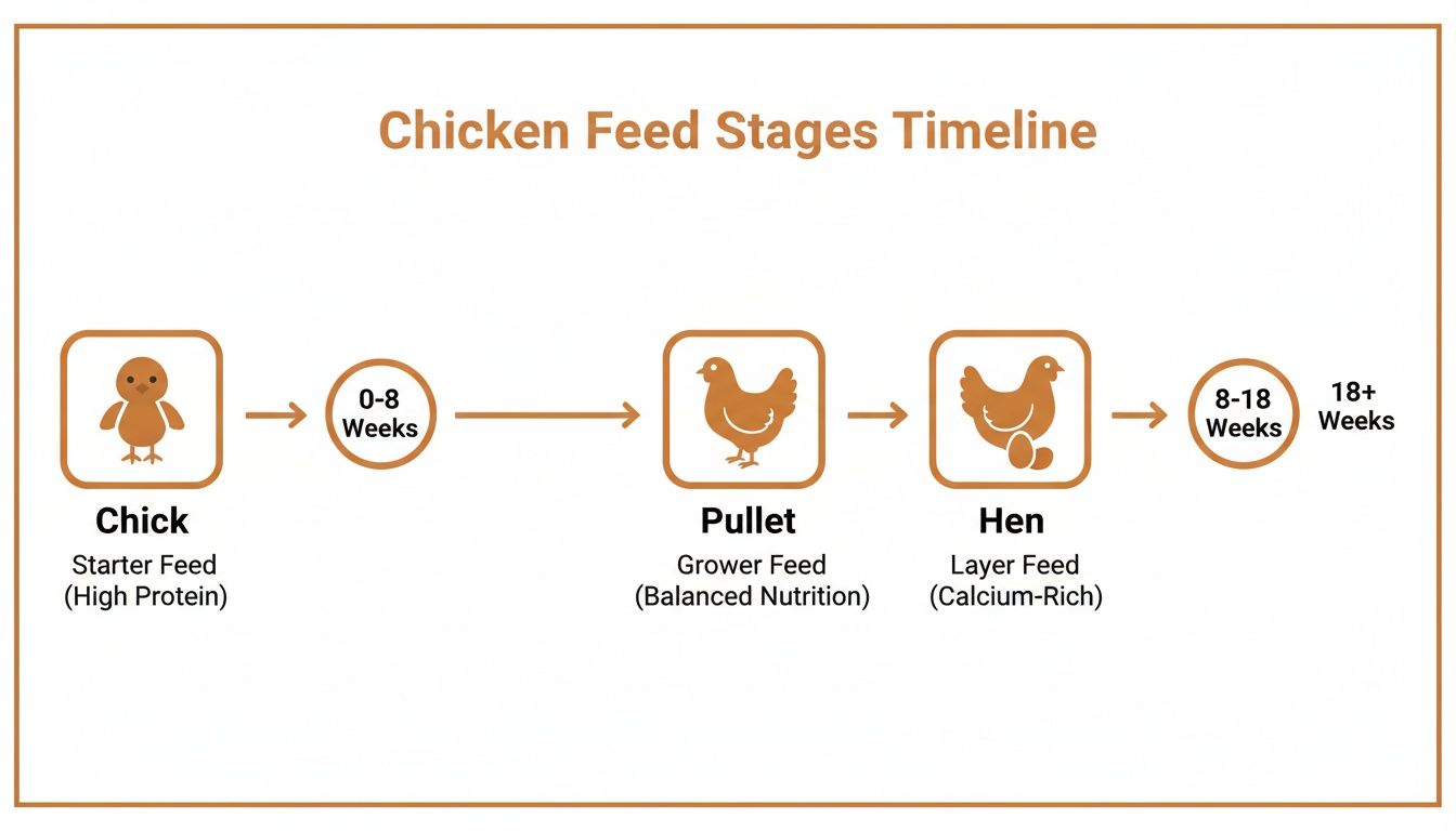 A timeline illustrating chicken feed stages: Chick (starter), Pullet (grower), and Hen (layer) with age ranges and feed types.