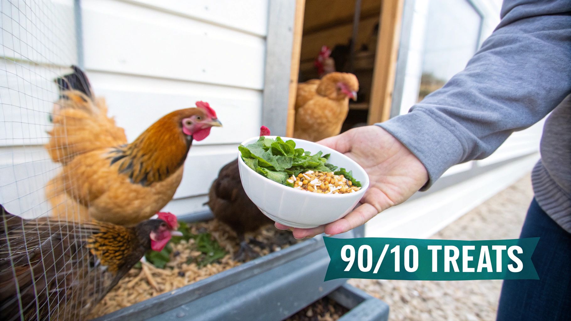 A person offers a bowl of fresh green treats and grains to hungry chickens near their coop, promoting healthy snacks.