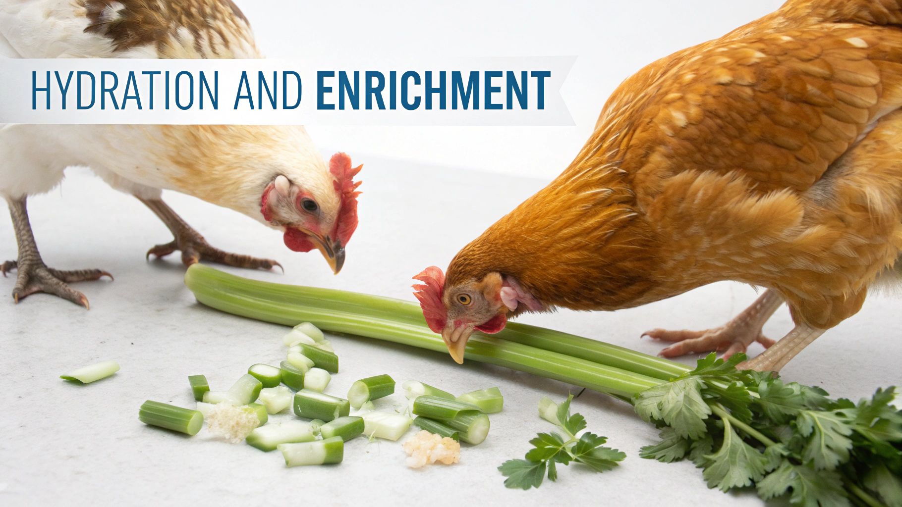 Two chickens, one white and one brown, pecking at celery and parsley on a light surface.