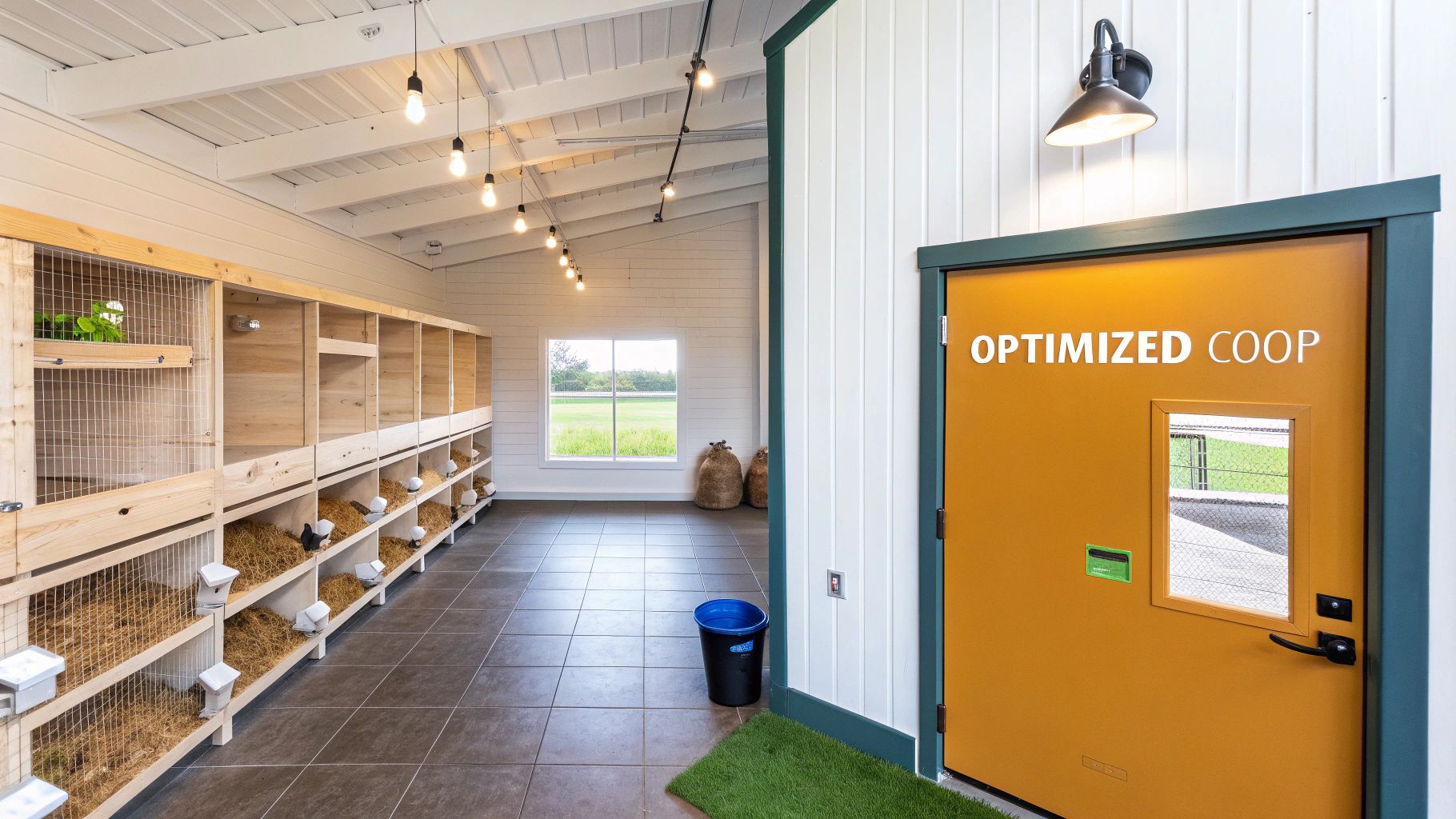 Modern chicken coop facility with wooden nesting boxes, feeders, and an orange door leading to an optimized coop.