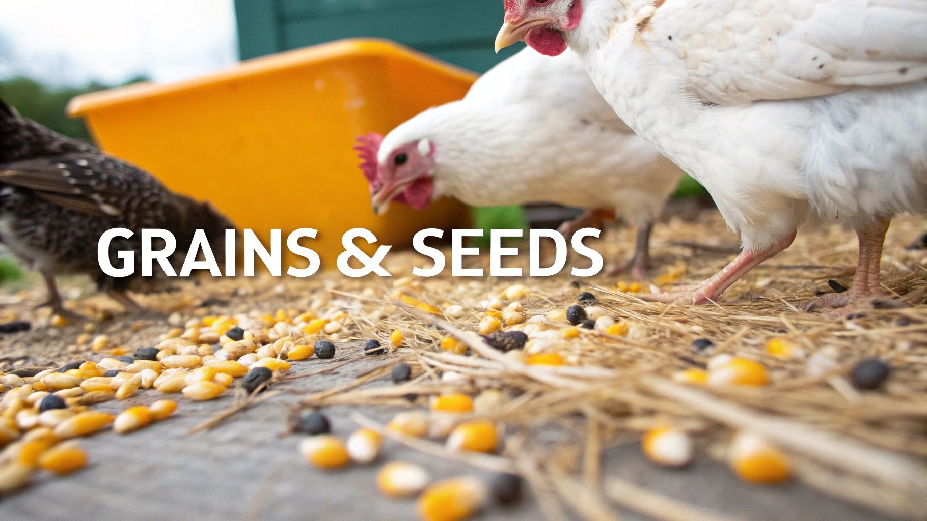 Chickens eating scattered grains and seeds on the ground, with an orange feeder nearby.