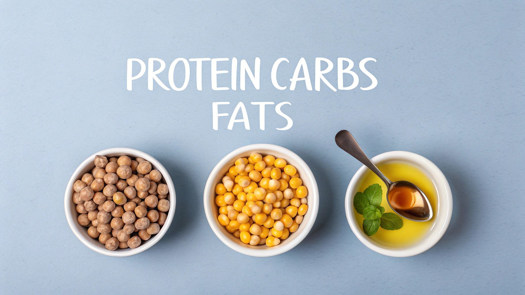 Bowls of chickpeas, corn, and oil with a spoon, representing protein, carbs, and fats.