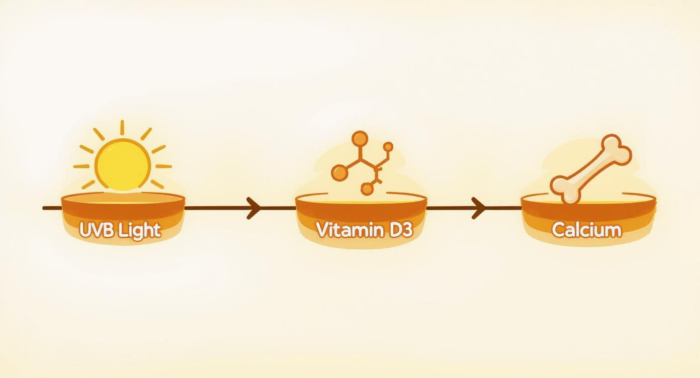 Diagram showing UVB light converts to Vitamin D3 which helps calcium absorption for bearded dragons