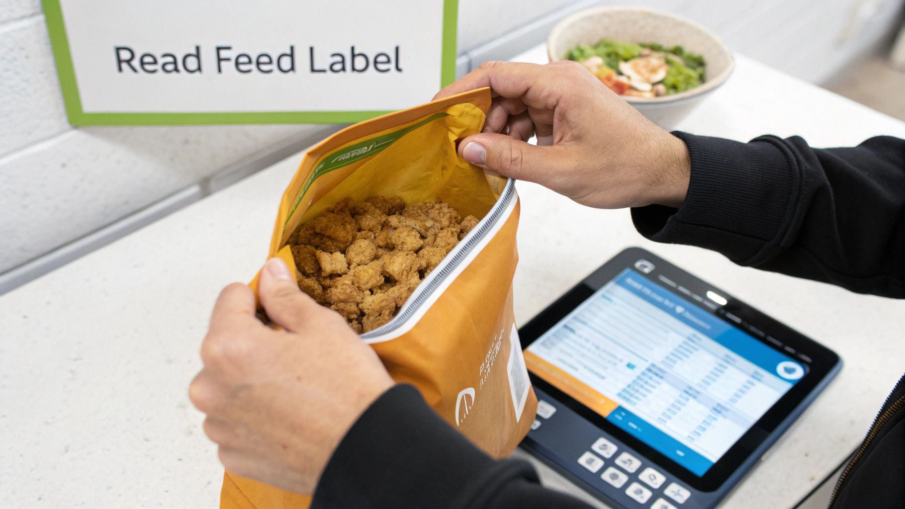 Person opening a bag of crunchy feed in front of a tablet and a 'Read Feed Label' sign.