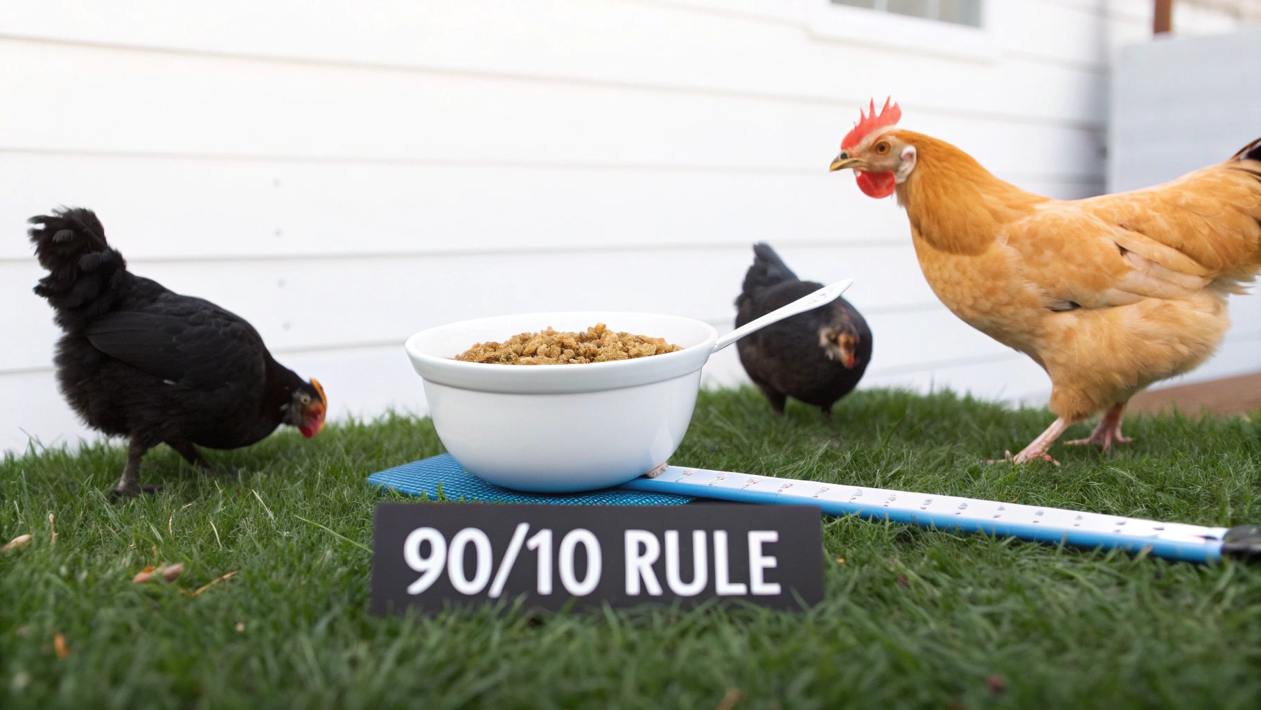 Three chickens on grass near a bowl of feed, a spoon, ruler, and a '90/10 RULE' sign.