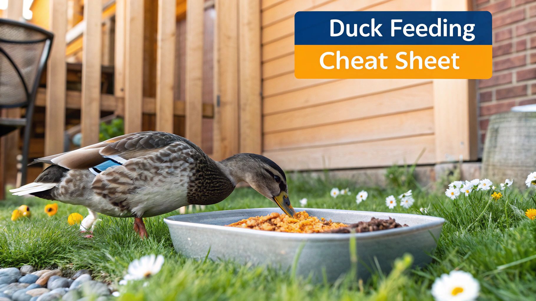 A group of healthy ducks eating feed near a pond