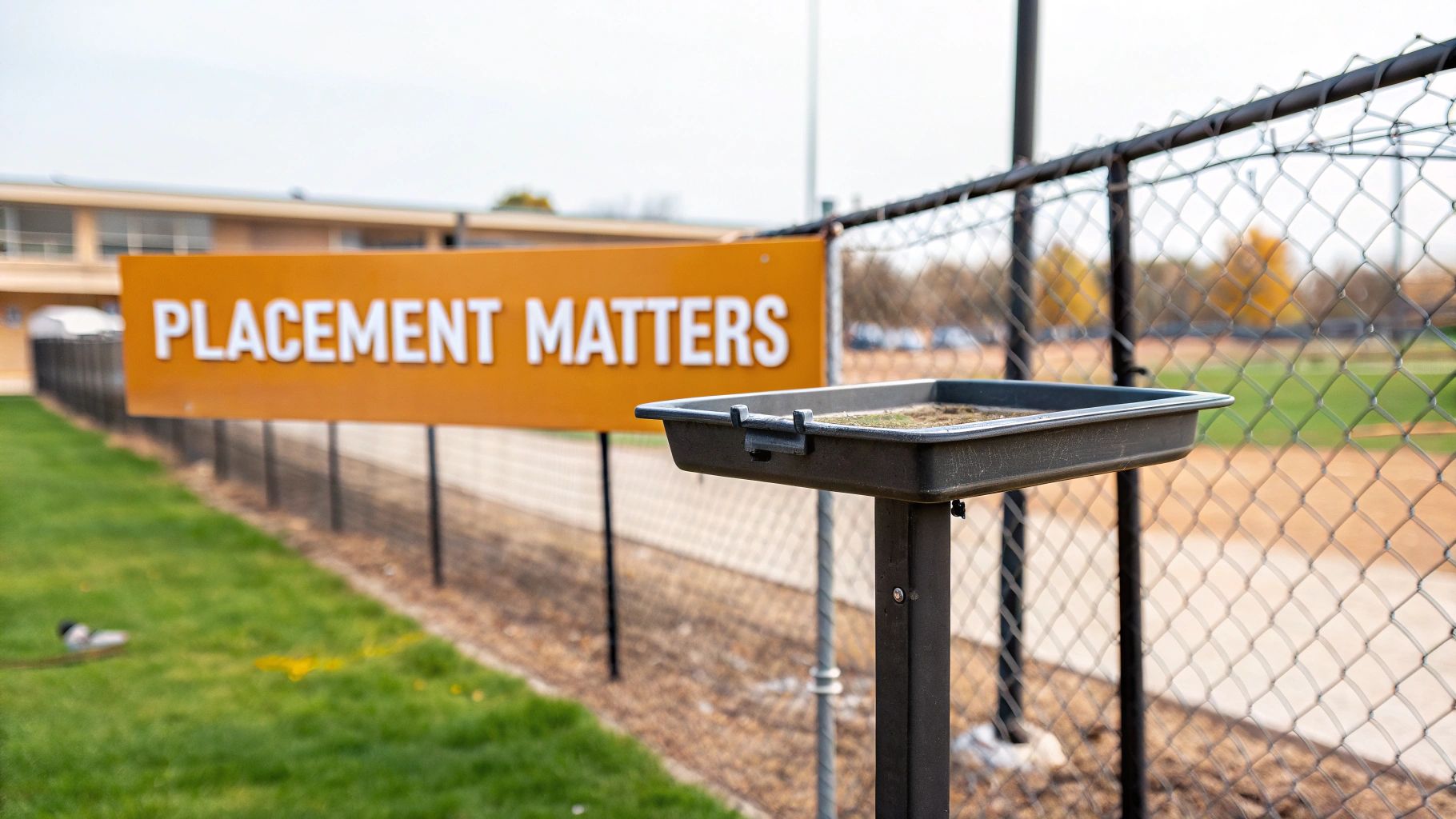An orange sign stating 'PLACEMENT MATTERS' stands behind a chain-link fence with a dark tray.