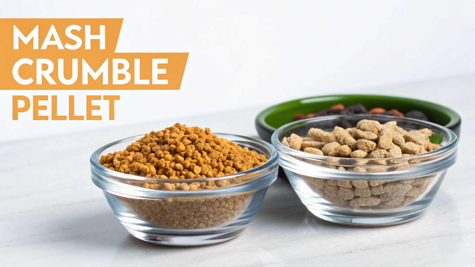 Three glass bowls displaying different types of poultry feed: mash, crumble, and pellets.