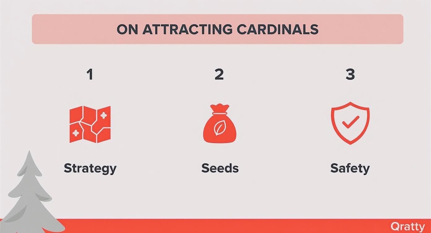 Infographic details three key steps for attracting cardinals: strategy, seeds, and safety.