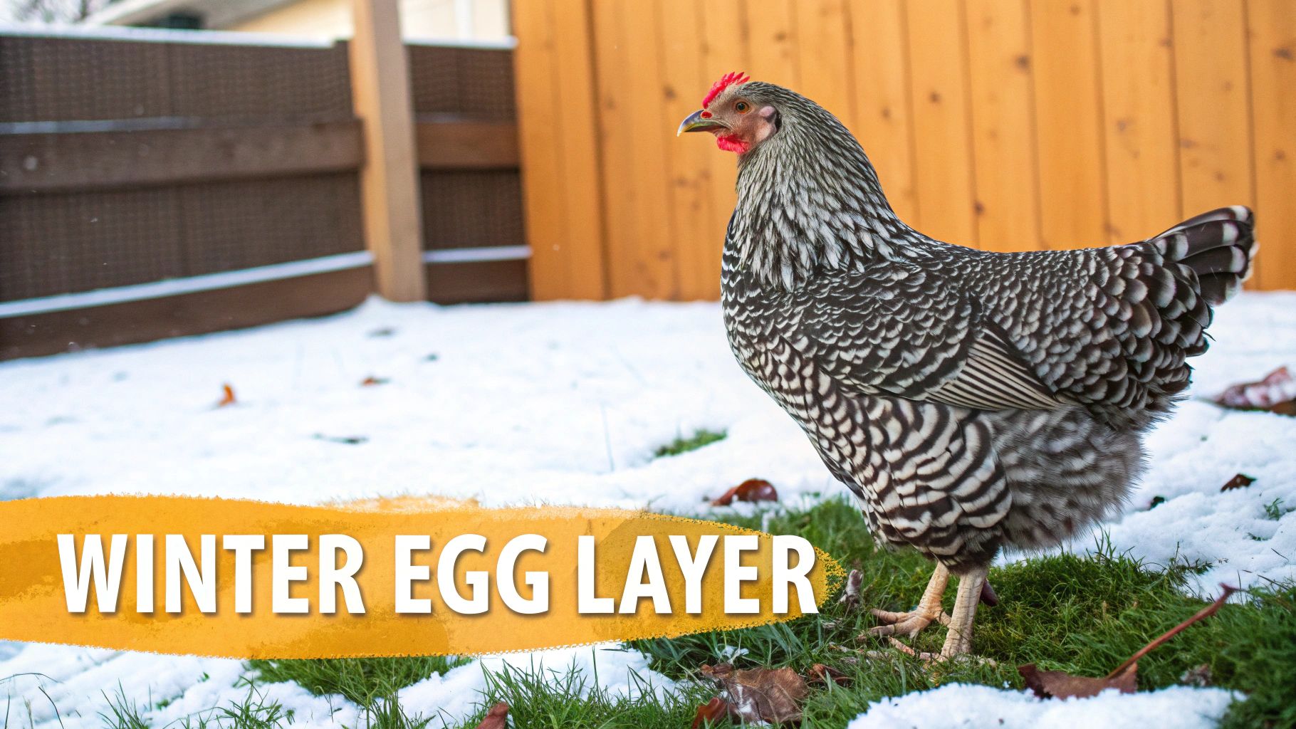 A Barred Rock chicken stands in snow and grass with a 'Winter Egg Layer' banner, beside a wooden fence.