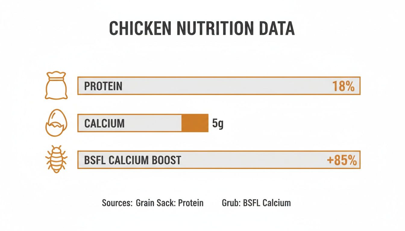 Infographic displaying chicken nutrition data with 18% protein, 5g calcium, and an 85% BSFL calcium boost.