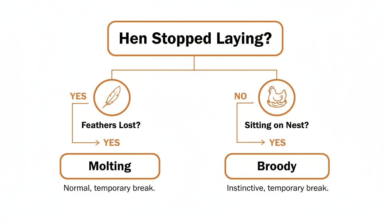 Flowchart explaining reasons a hen stops laying eggs, including molting due to feather loss or being broody and sitting on a nest.