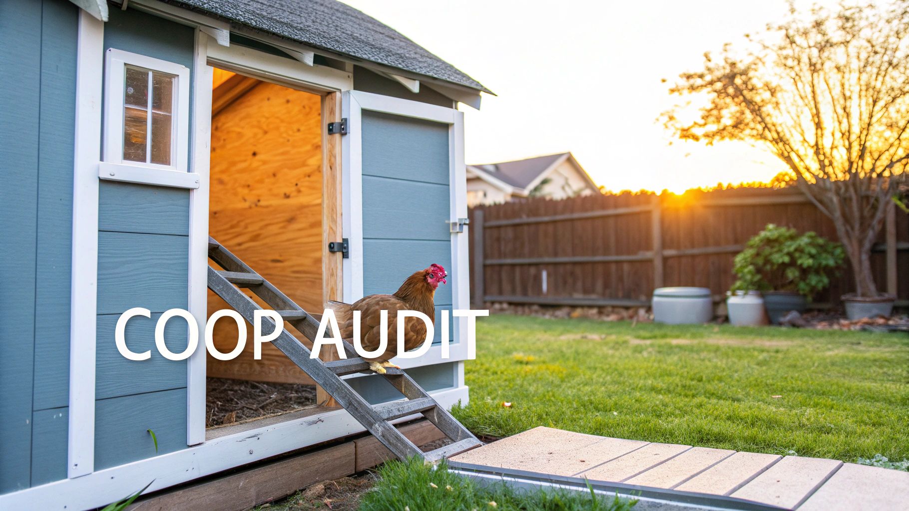 A chicken emerges from a blue wooden coop on a sunny evening, with green grass in a backyard.