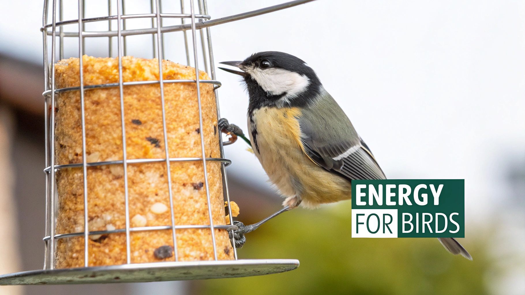 A Great Tit bird feeding on a suet cake in a metal cage bird feeder.