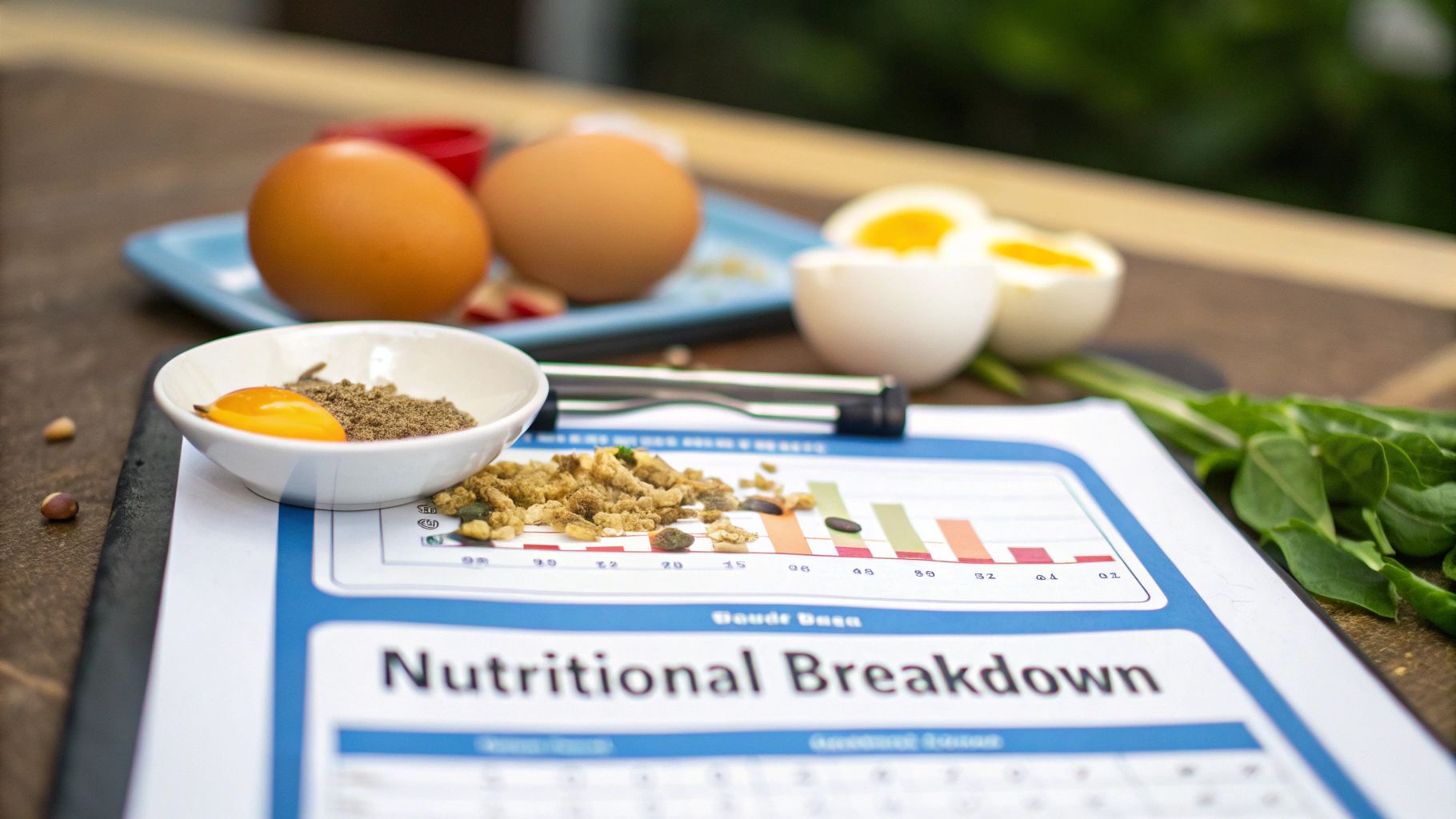 A close-up shot of various chicken feeds in separate bowls, including commercial pellets, seeds, and dried Black Soldier Fly Larvae.