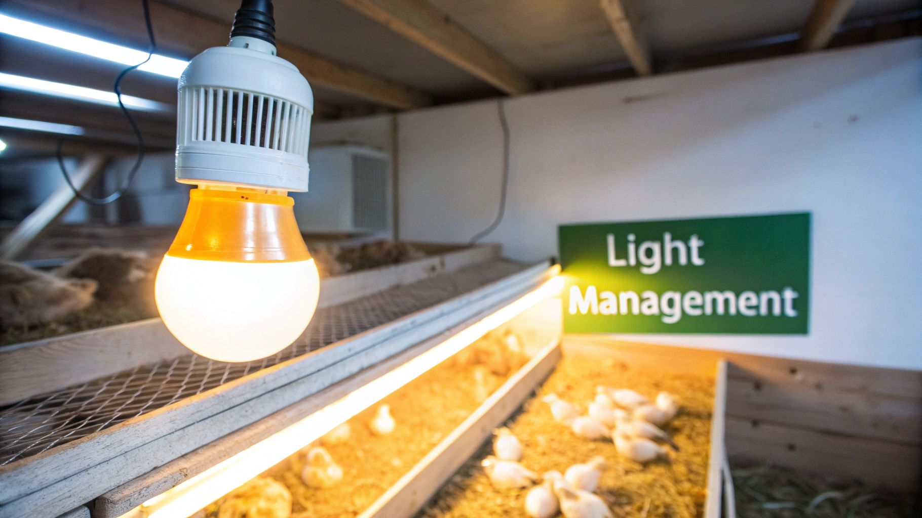 A single light bulb hanging in a rustic chicken coop, casting a warm glow over the nesting boxes and roosting bars.