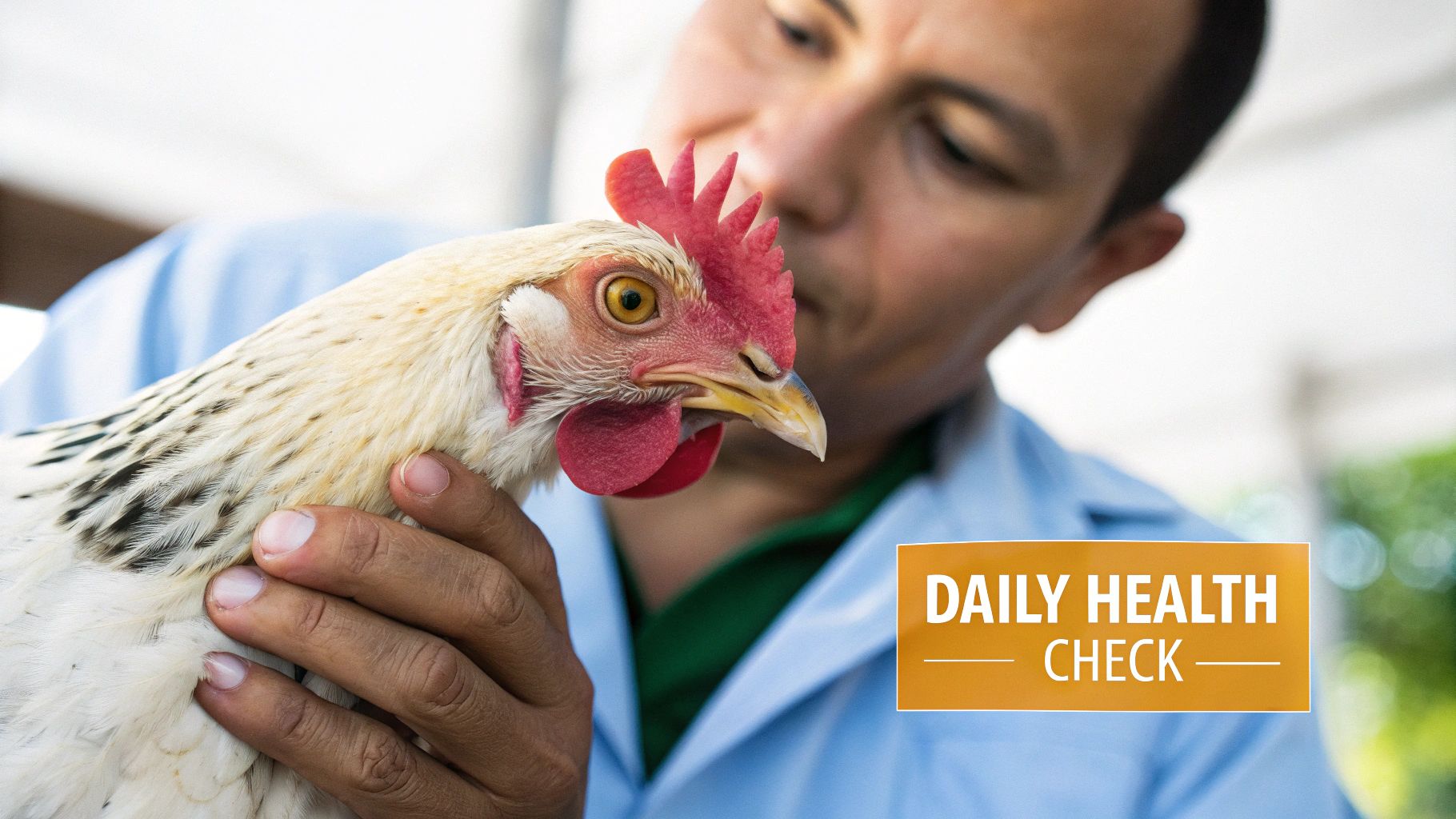 A person gently holding a healthy chicken, examining its comb and eye.
