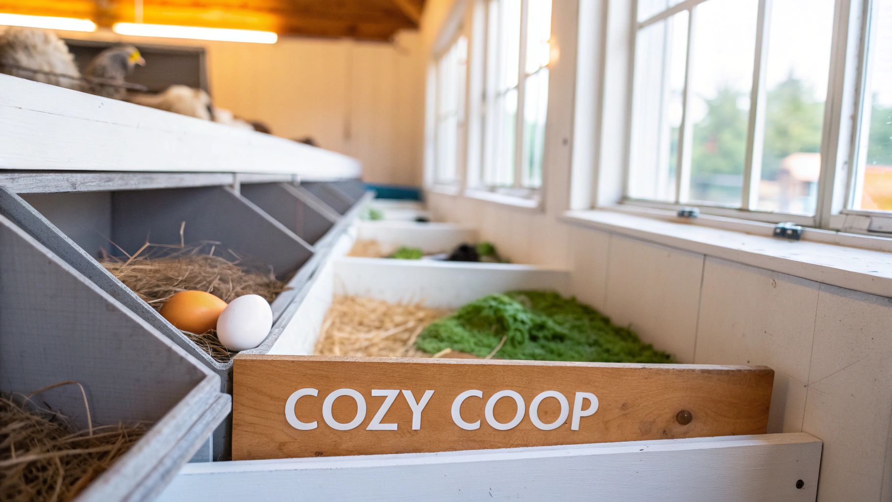 A clean, spacious chicken coop with fresh bedding, multiple nesting boxes, and a low-wattage light hanging from the ceiling.