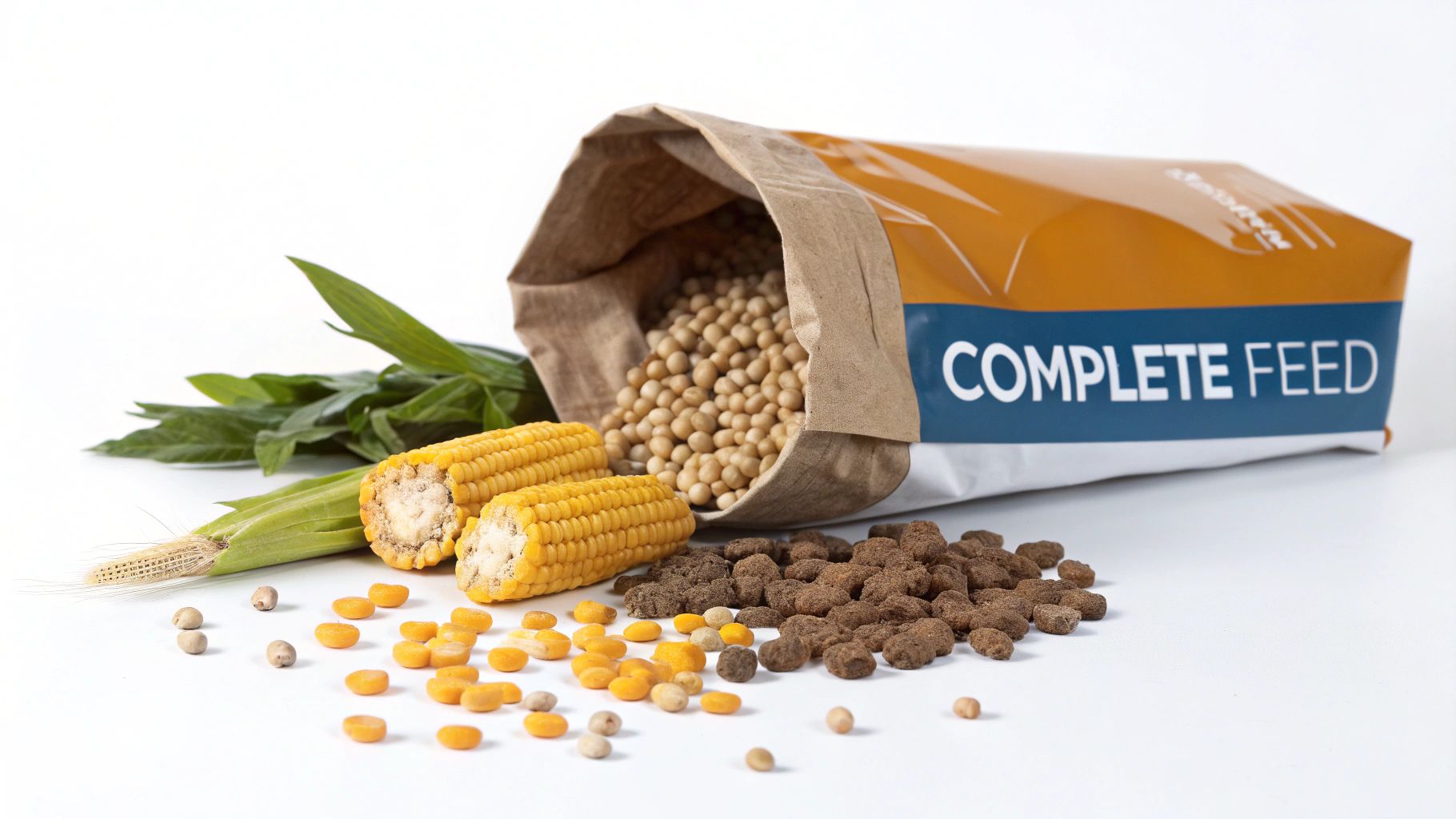 A bag of complete feed, corn cobs, soybeans, and various animal feed pellets on a white background.