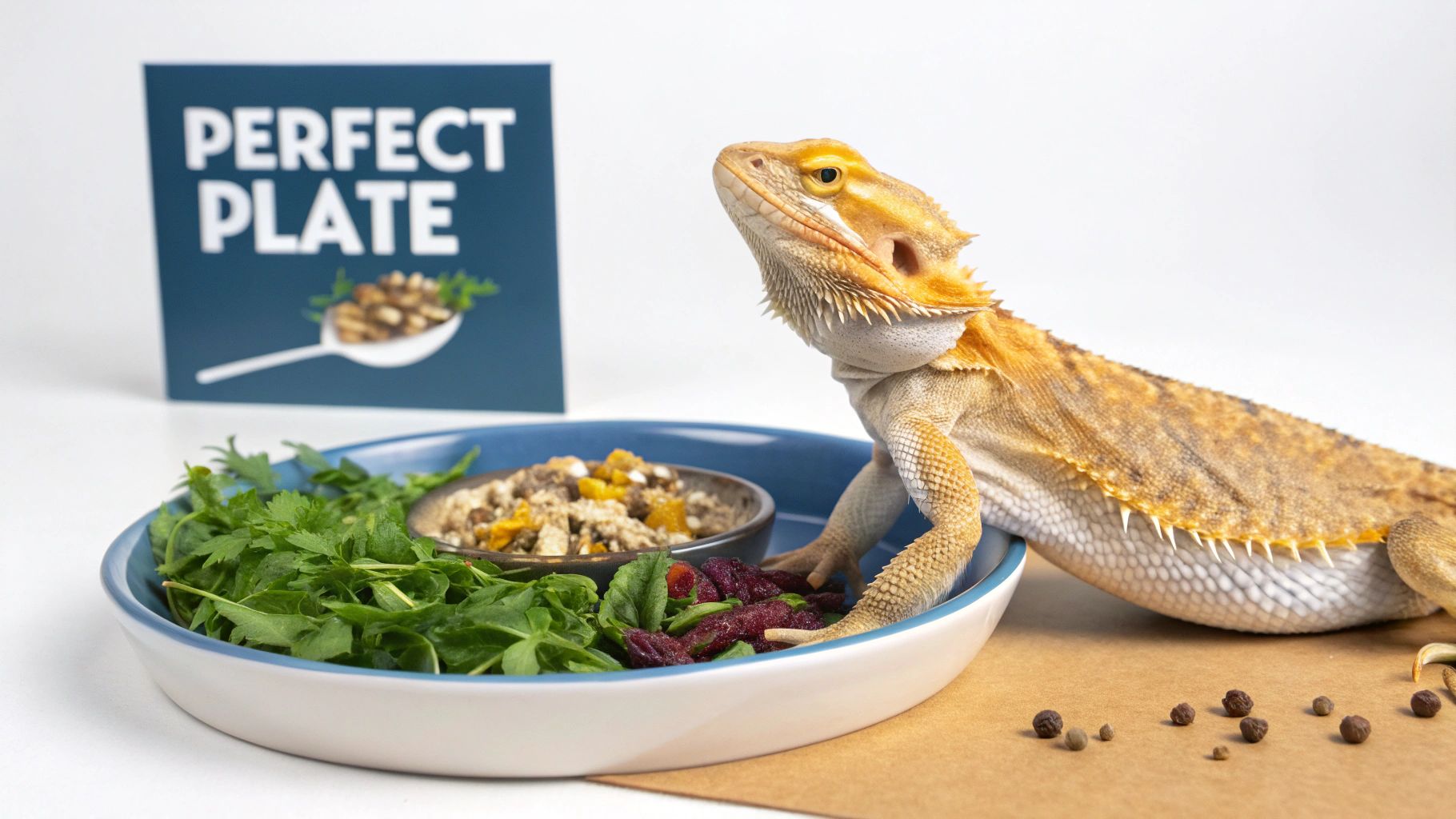 Bearded dragon next to healthy meal plate with greens, vegetables, and insects for balanced diet