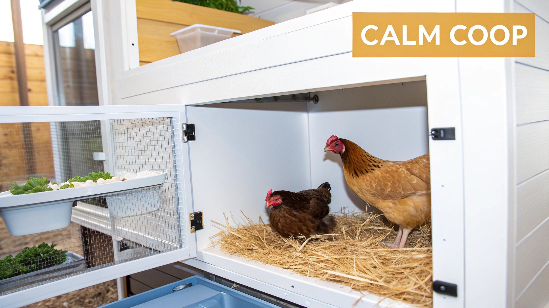 A flock of chickens in a spacious, clean coop with plenty of roosting space.