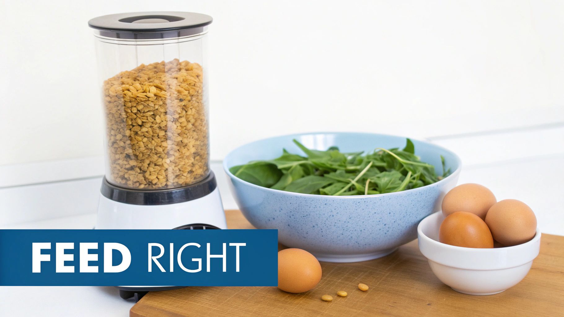 Person holding a scoop of chicken feed with chickens eagerly gathered around.