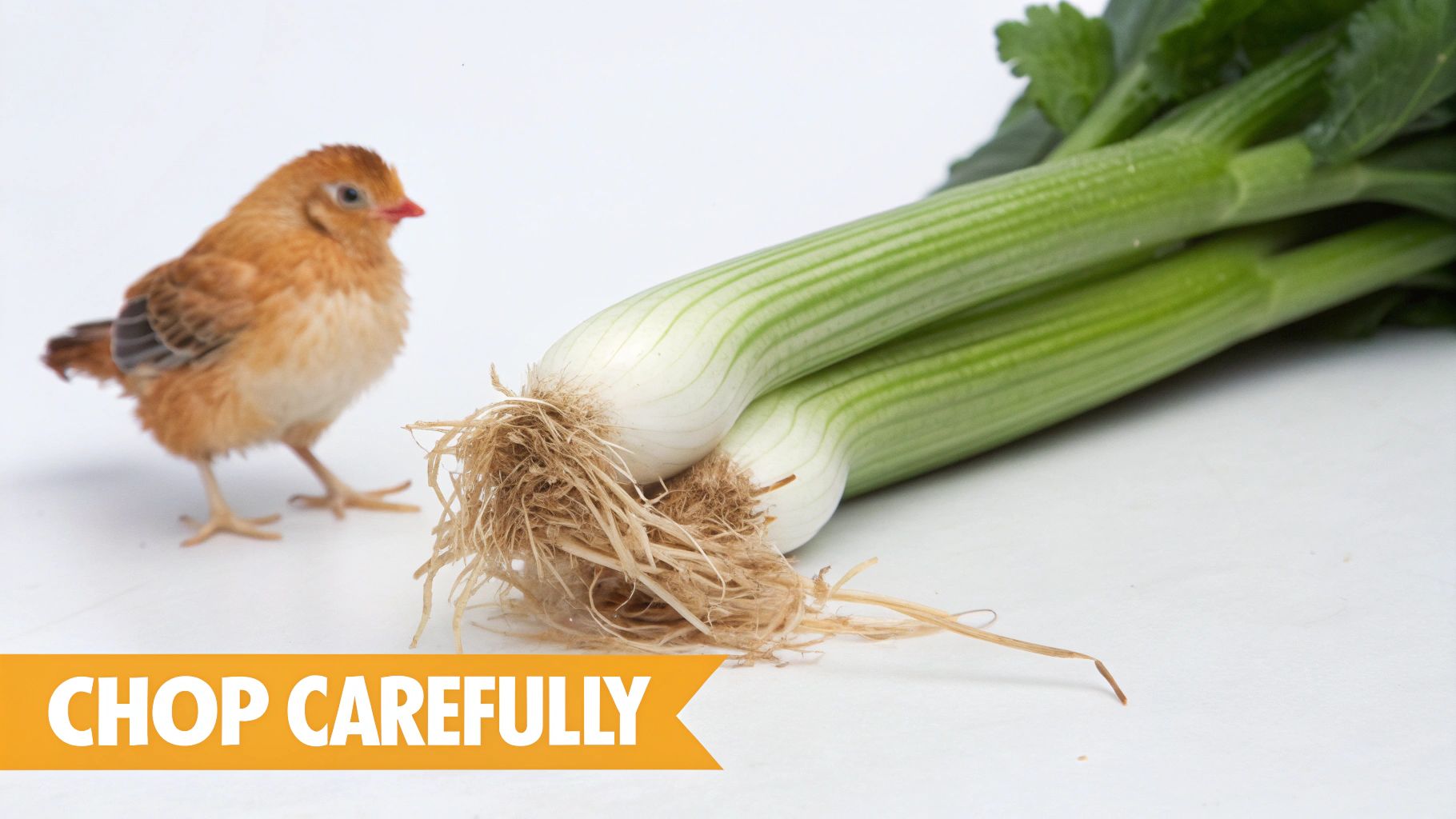 A fluffy brown chick stands beside two fresh celery stalks with roots on a white background, with text 'Chop Carefully'.