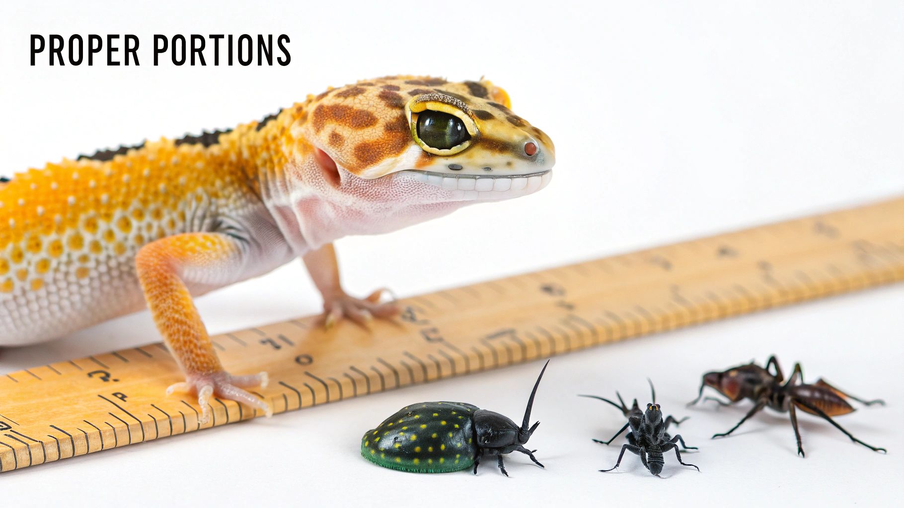A leopard gecko next to a wooden ruler, with various insects, illustrating proper portion sizes.