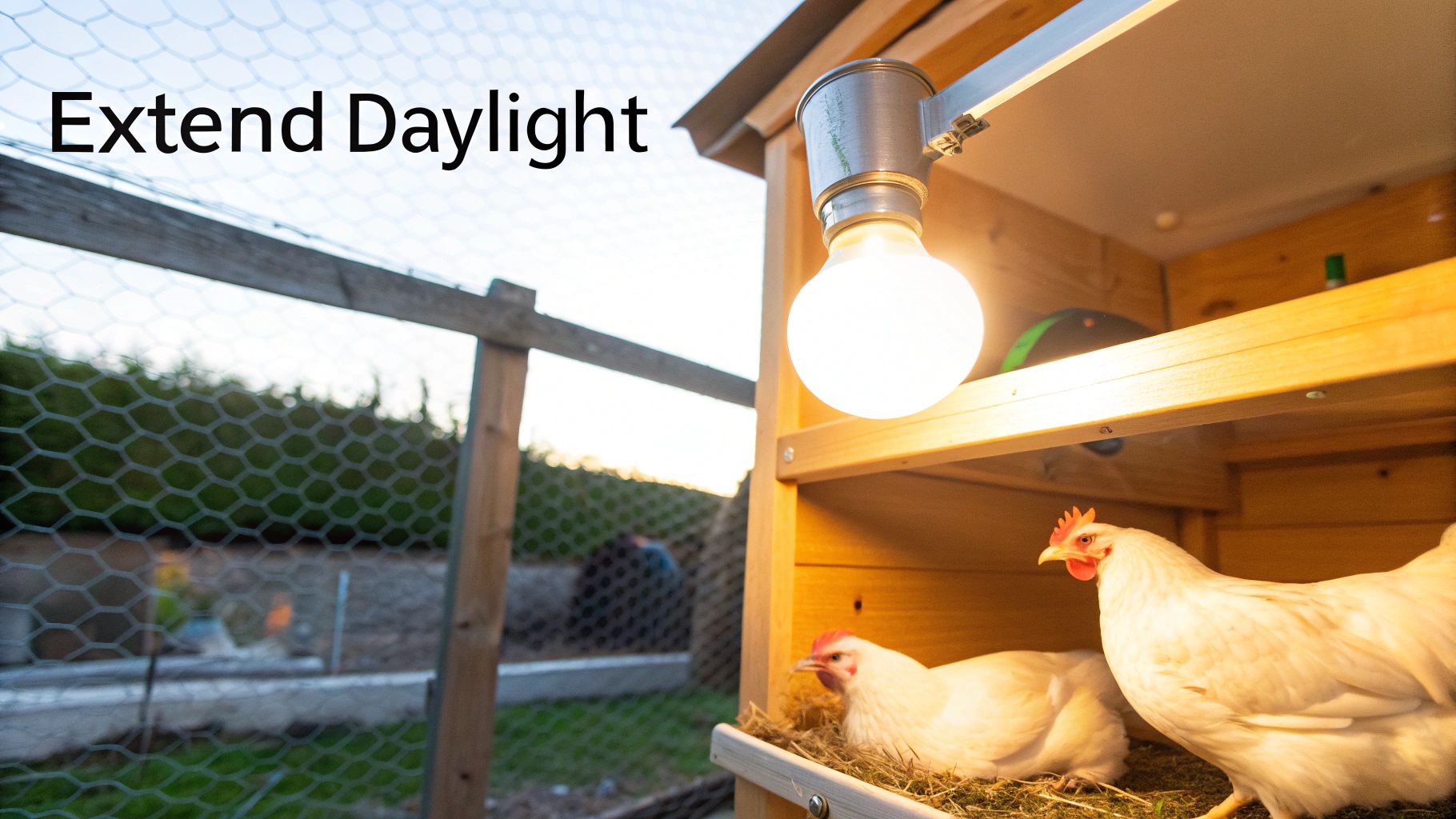 A bright light bulb illuminates two white chickens inside a wooden coop, extending their daylight.