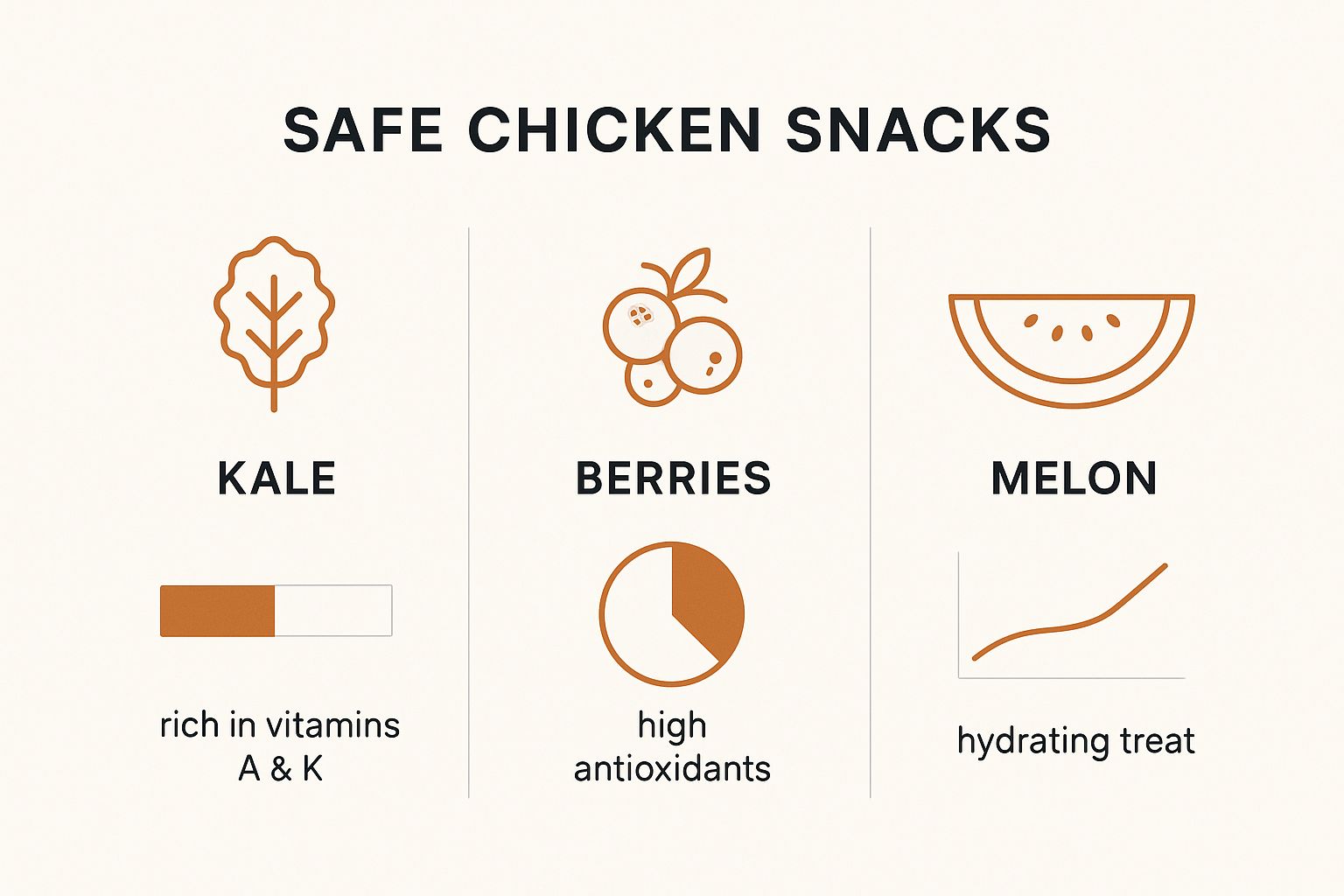 Infographic comparing Kale, Berries, and Melon as safe snacks for chickens, highlighting their primary benefits.