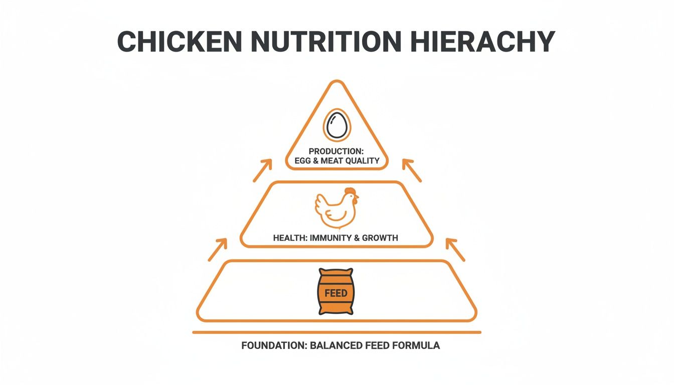 A chicken nutrition hierarchy pyramid showing balanced feed as the foundation for health, growth, egg, and meat quality.