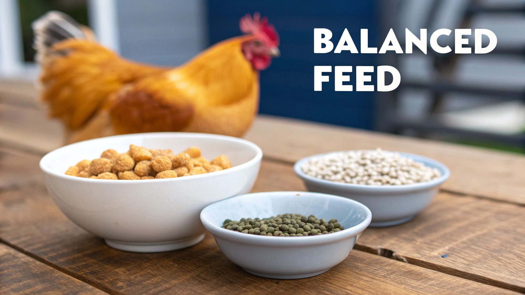 A chicken overlooks three bowls of balanced feed and grains on a wooden table.