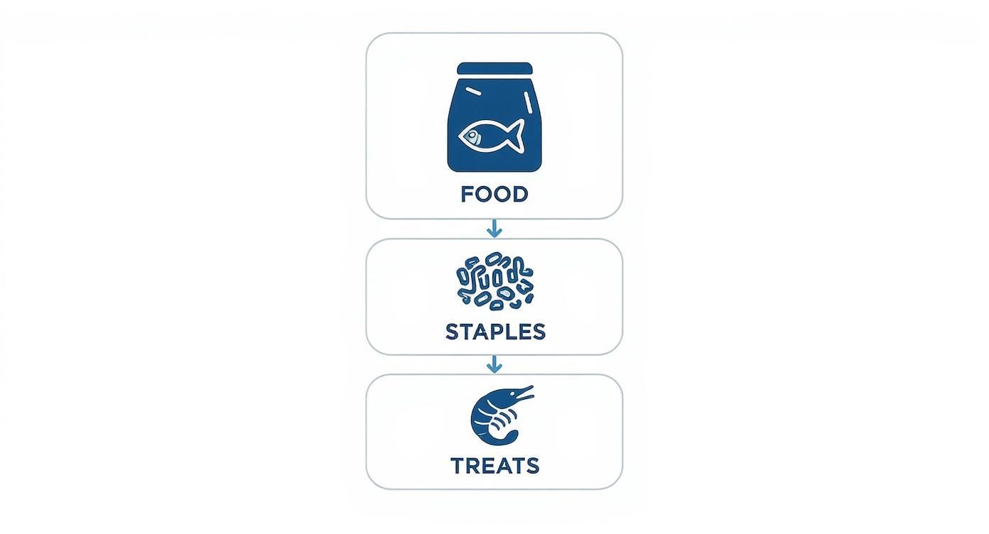 A vertical flowchart illustrating different categories of pet fish food: Food, Staples, and Treats.