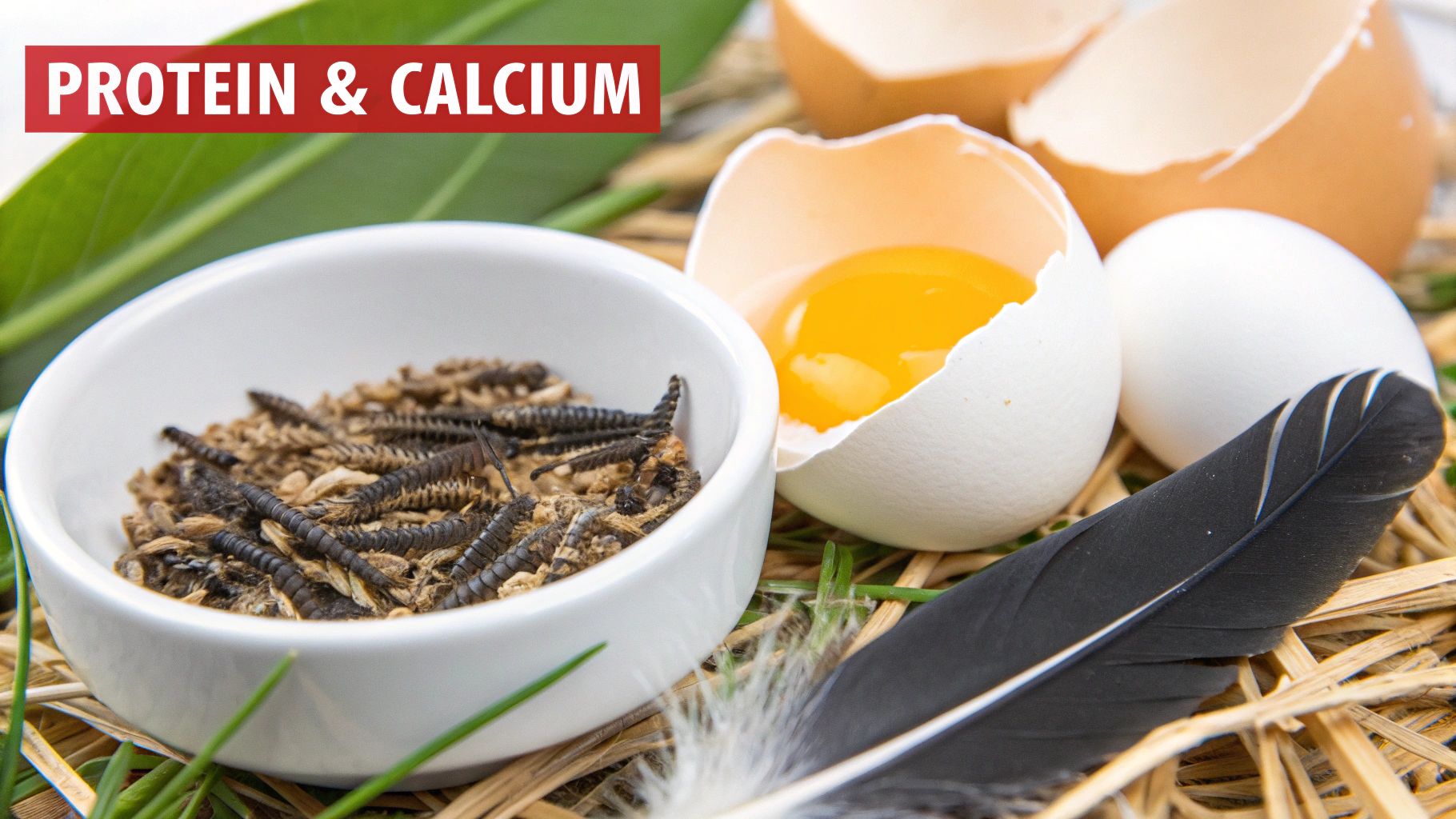 A white bowl of dried insects, a cracked egg with yolk, and a whole egg on straw with a feather, highlighting protein and calcium.