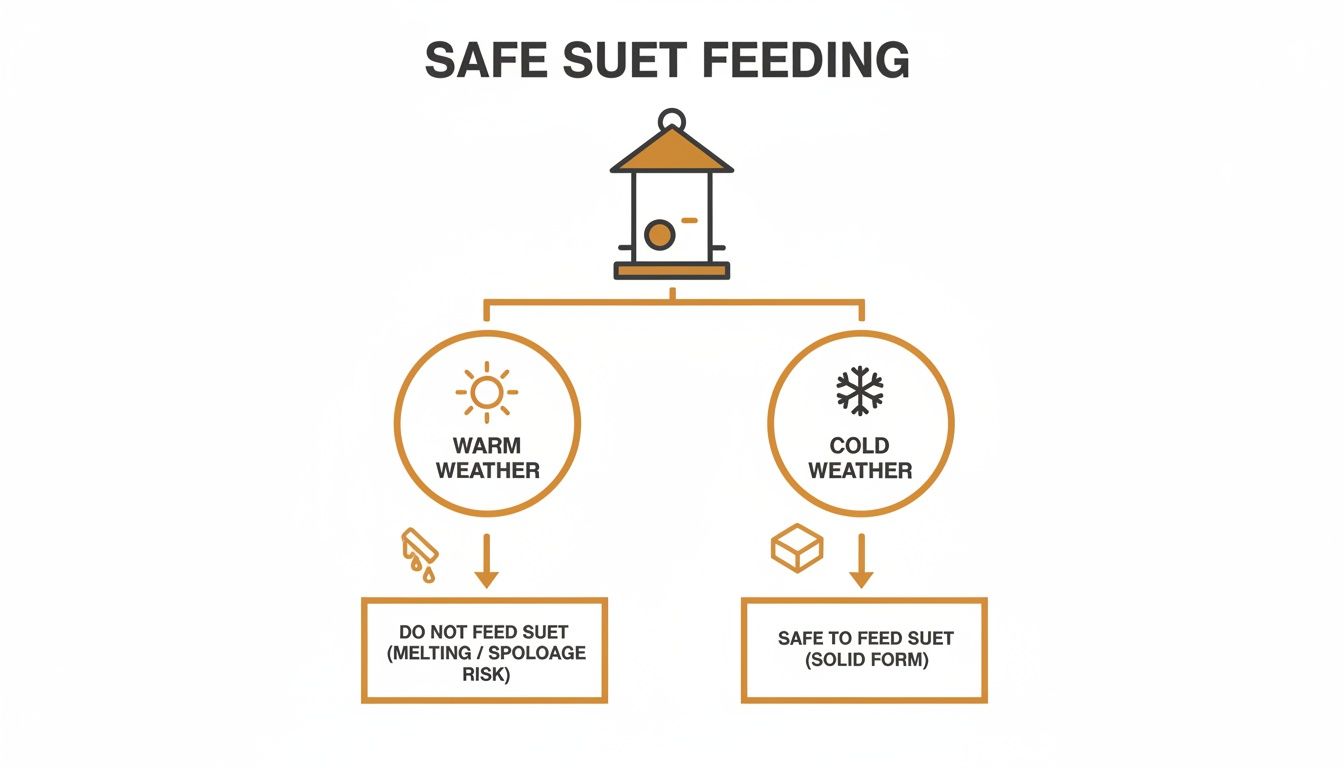 Flowchart detailing safe suet feeding practices, showing not to feed suet in warm weather due to spoilage risk, but it's safe in cold weather.