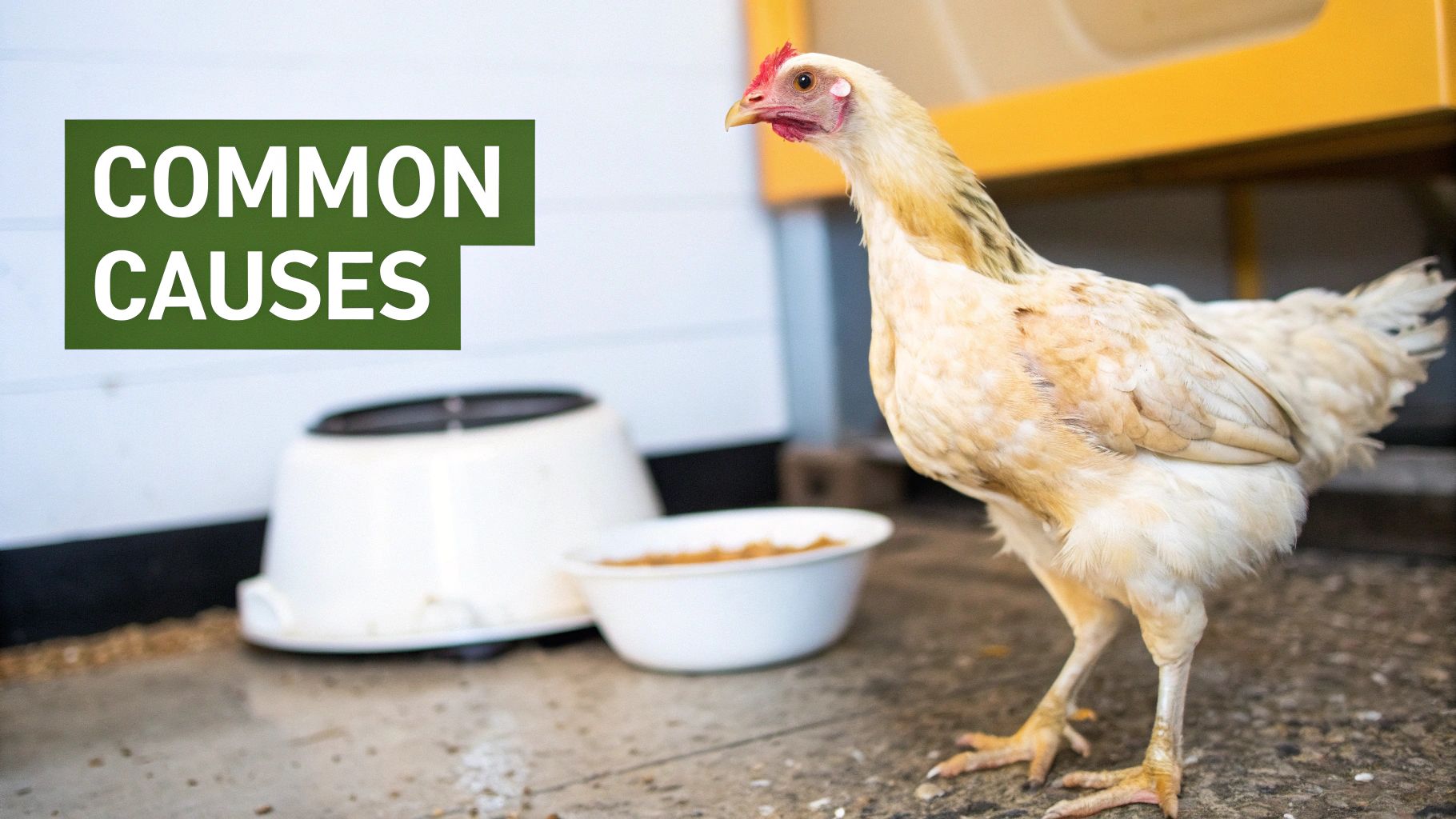 A young hen stands near a white feeder and a bowl of feed, with 'COMMON CAUSES' text overlay.