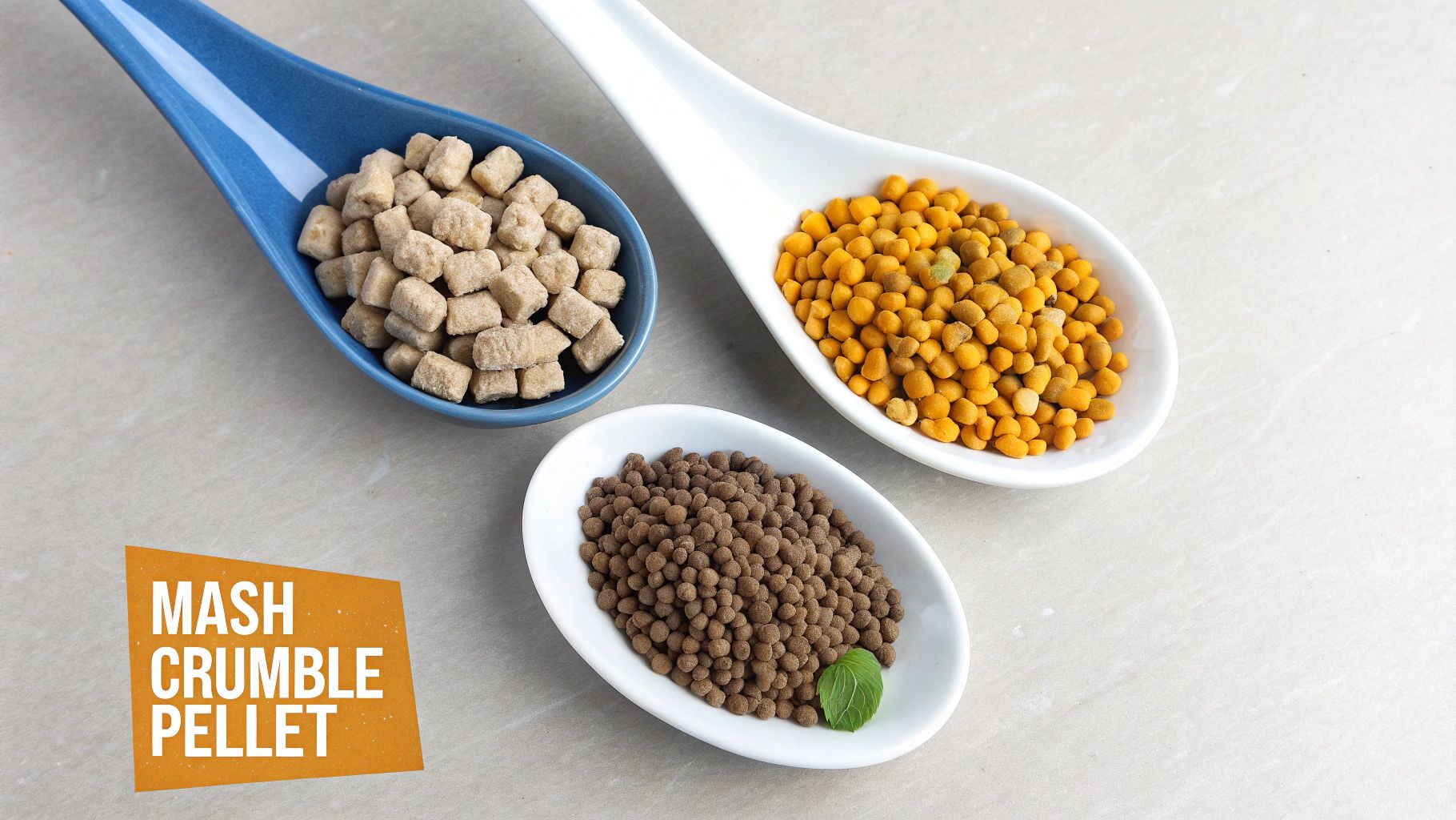 A hand scooping up a mix of different chicken feed textures, including pellets and crumbles.