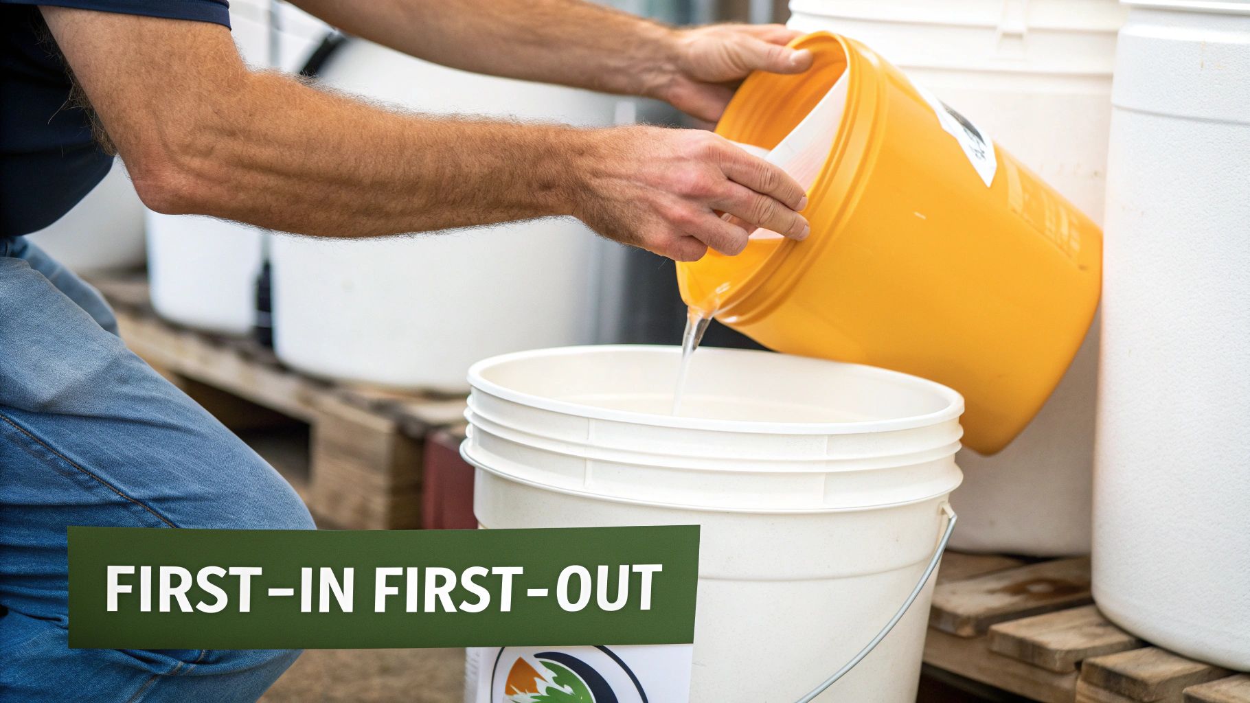 Hands pouring clear liquid from a yellow bucket into a white bucket, demonstrating FIFO method.