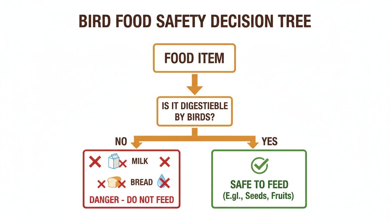 A bird food safety decision tree flow chart indicating what foods are safe to feed birds.