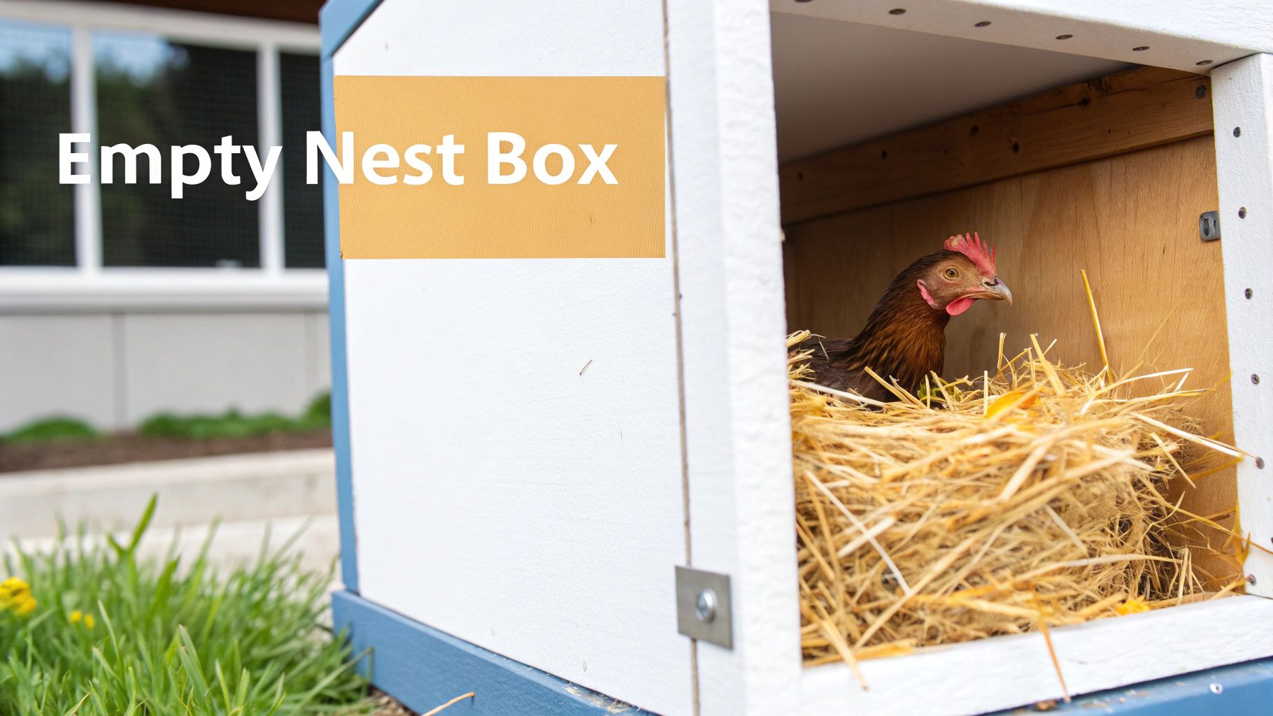 A brown hen with a red comb sits comfortably inside a wooden nest box filled with hay.