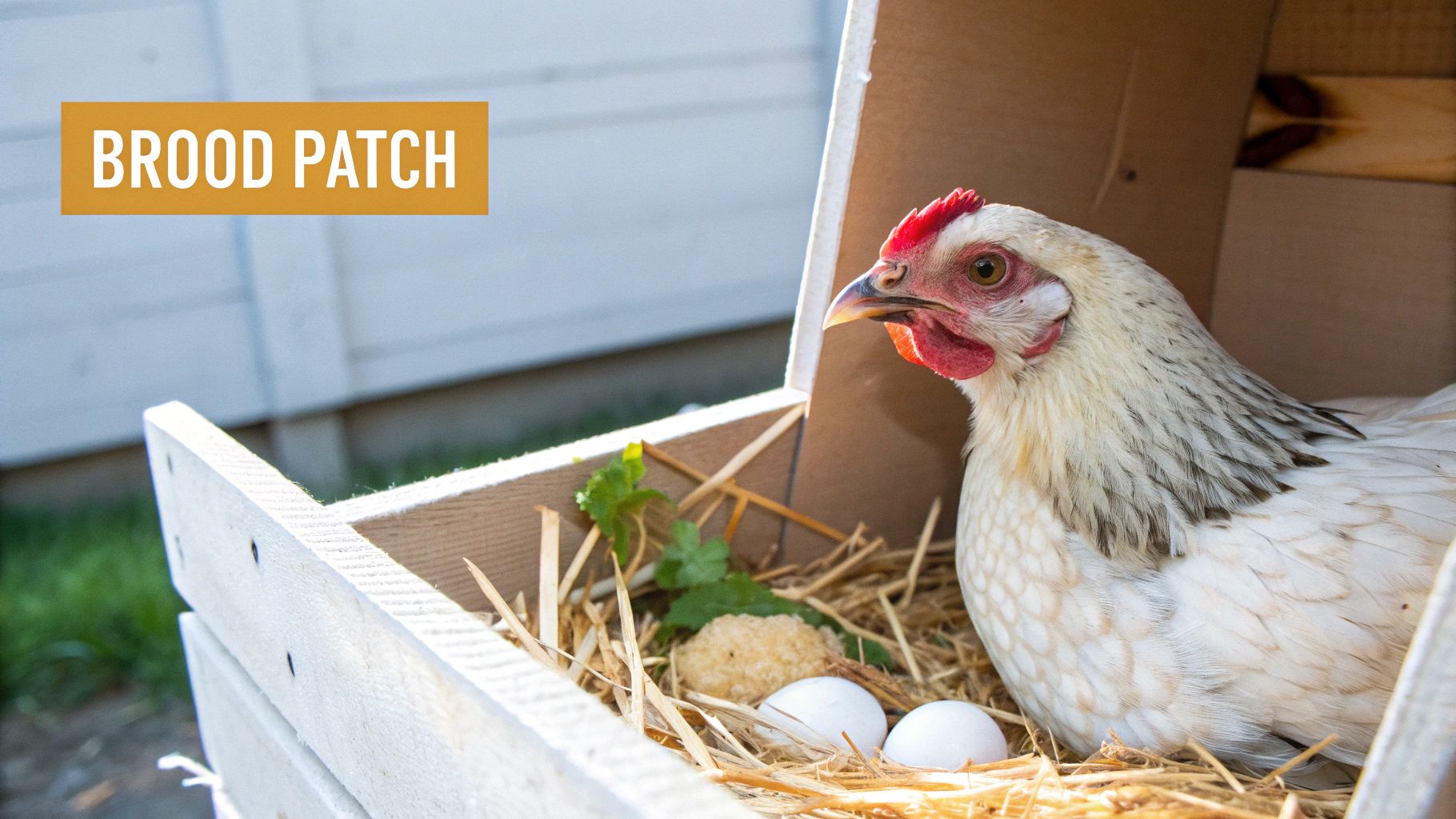 White hen nesting in a wooden box with hay and two white eggs, outdoors.