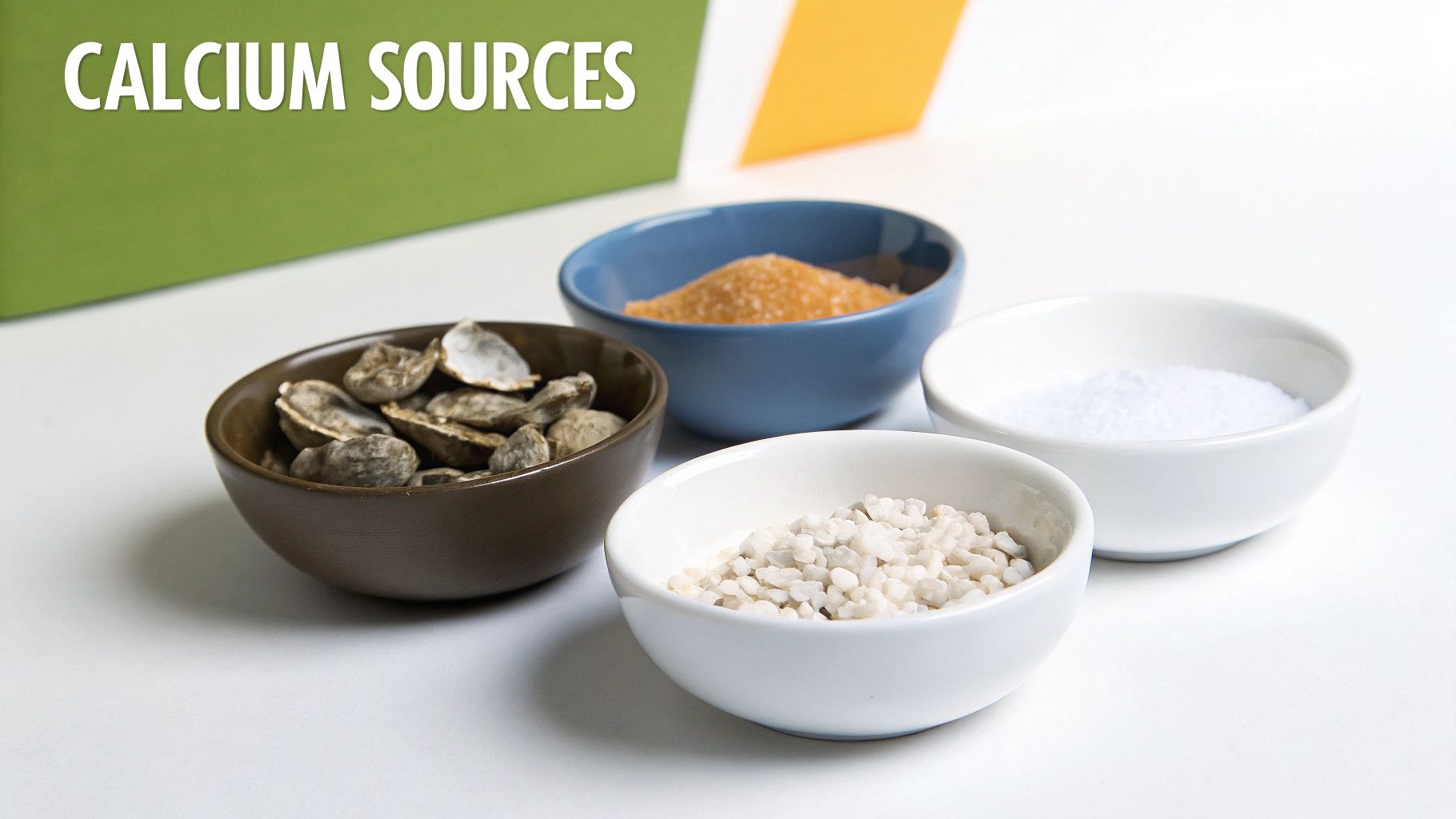 A close-up of different types of chicken feed in bowls, highlighting various textures.