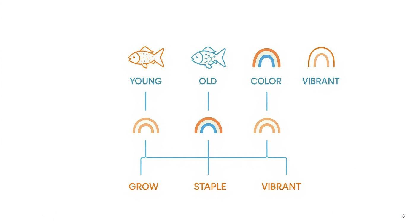 A conceptual diagram illustrating a growth and vibrancy model with fish and rainbow icons.