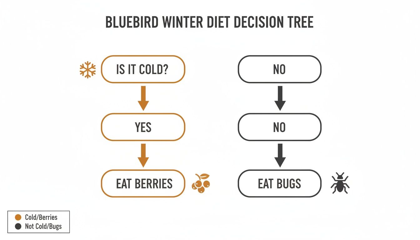 A decision tree illustrates a bluebird's winter diet: berries when cold, bugs when not.