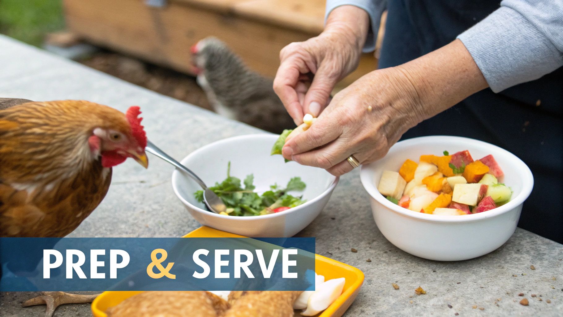 Hands preparing fresh human food scraps for chickens outdoors, with various bowls of food.
