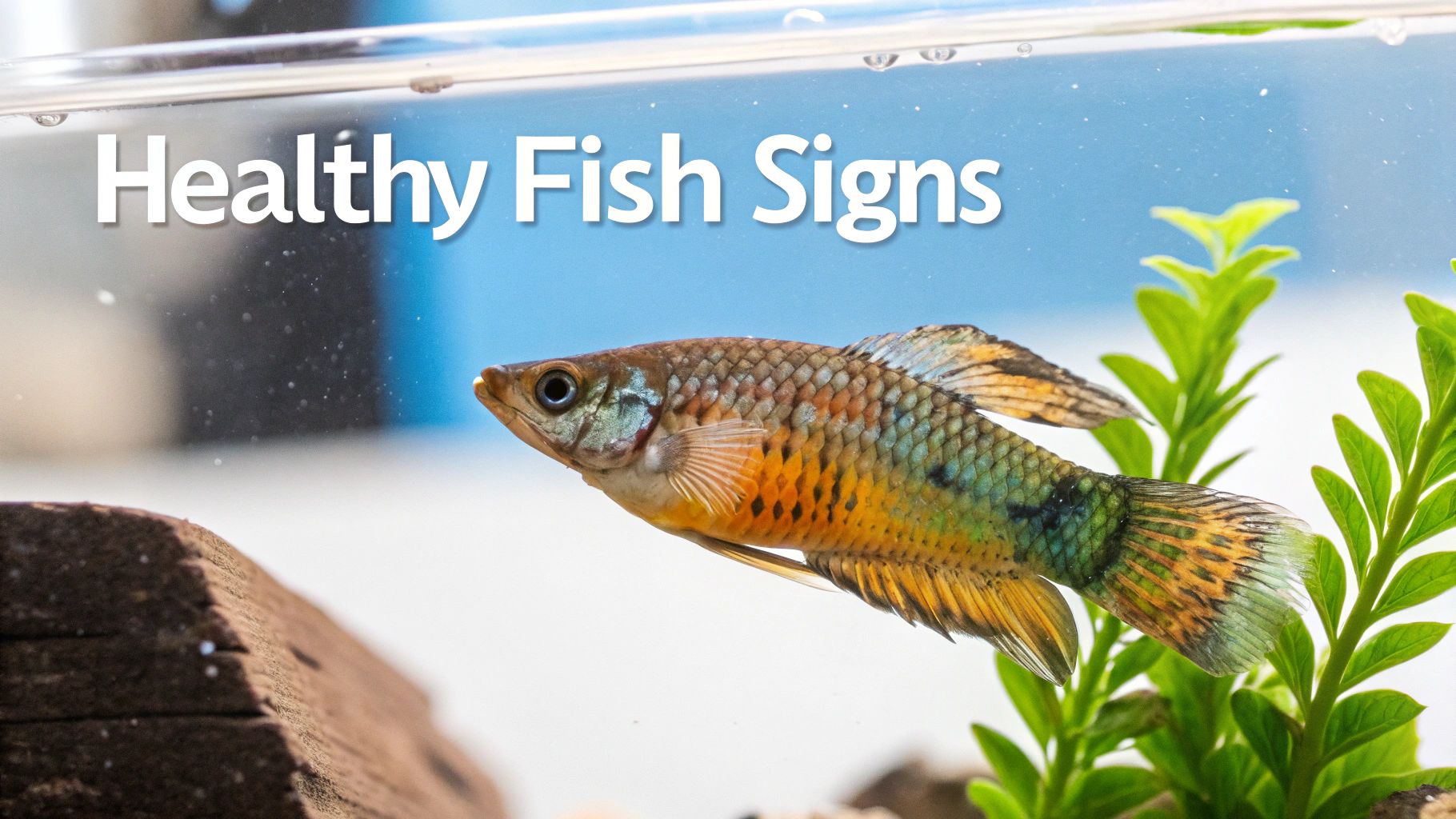 A vibrant, healthy fish with colorful scales swims in an aquarium with green aquatic plants. Text reads 'Healthy Fish Signs'.